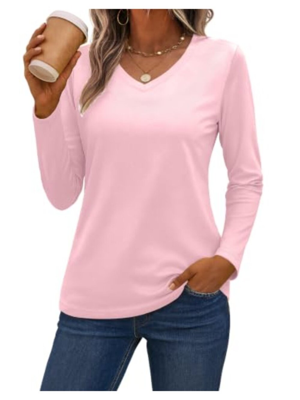 Womens Pure Cotton V Neck Long Sleeve T Shirt Semi Fitted Casual Pullover